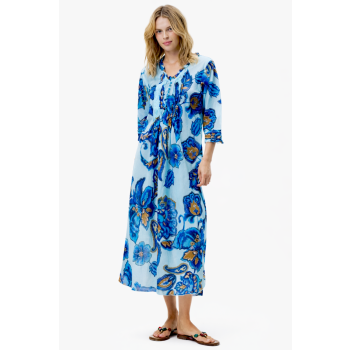 Oneseason Lemnos Long Cotton Poppy Dress in Blue Flower