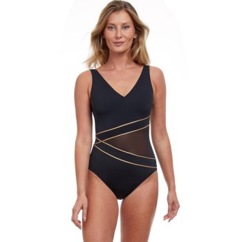 Gottex Onyx Black and Gold Full Coverage V-Neck One Piece Swimsuit