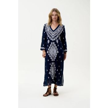Oneseason Embroidery Cotton Long Goa Dress in Navy/White