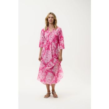 Oneseason Praiano Long Cotton Poppy Dress in Pink Ikat
