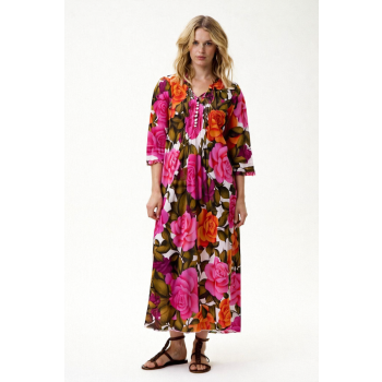 Oneseason Deia Long Cotton Poppy Dress in Roses