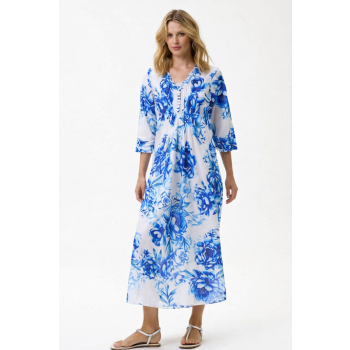Oneseason Kefalonia Long Cotton Poppy Dress in Blue Roses