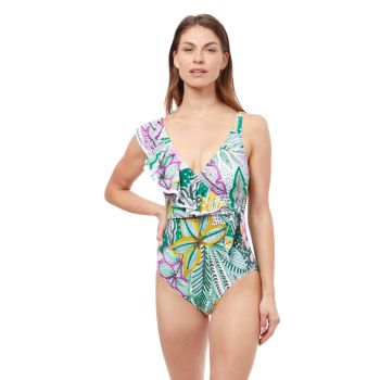 Profile By Gottex Tropic Boom Frill Cross Over Suit in Green