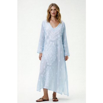 Oneseason Embroidery Long Cotton Goa Dress in Pale Blue & White