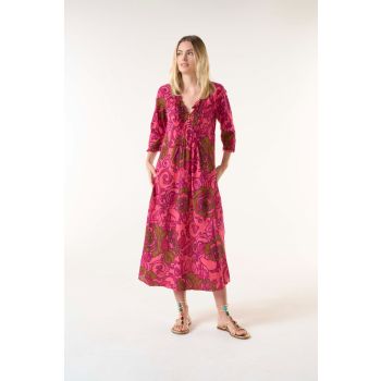 Oneseason San Sebastian Long Cotton Poppy Dress in Hot Coral