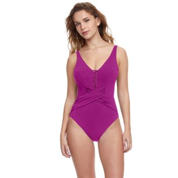 Gottex Profile The Twist V-Neck Shirred One Piece Swimsuit in Viola