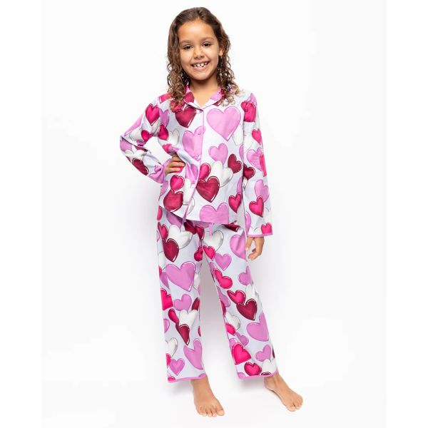 White Supersoft Fleece Pink Heart Print Pyjama Set