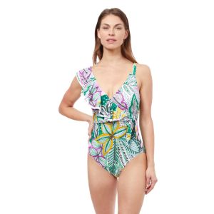 Profile By Gottex Tropic Boom Frill Cross Over Suit in Green